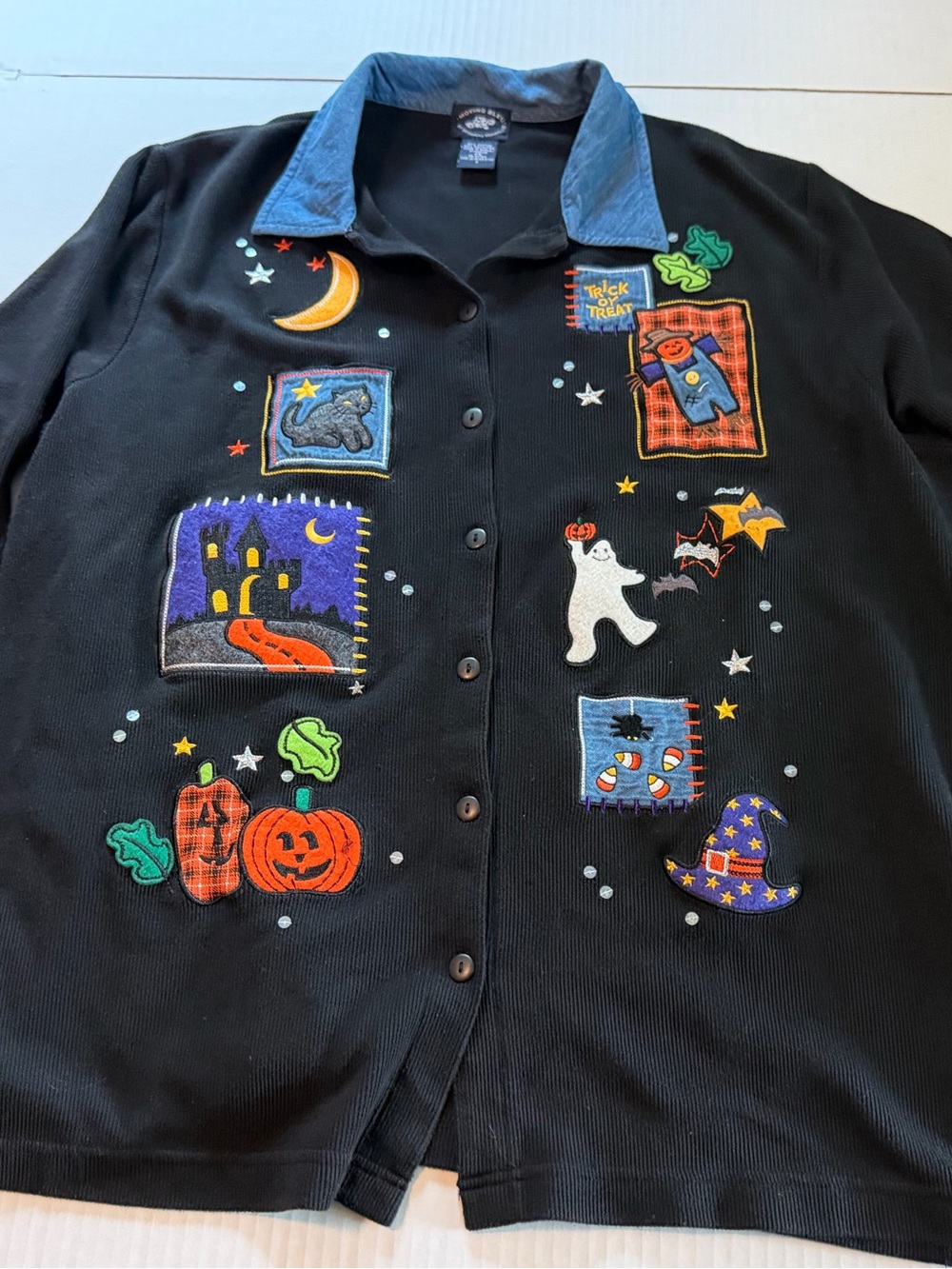 Daniel Hechter Black Women’s Halloween Embroidered Top with Blue Collar